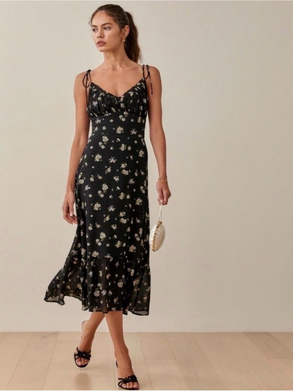 Reformation Emry Black Daisy Floral Silk Ruffle Hem Midi Dress Size 0